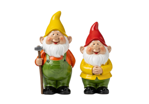 Two garden gnomes with red and yellow hats, one holding a shovel, standing on a transparent background