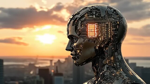 Artificial intelligence with circuit patterns watches sunset over cityscape view