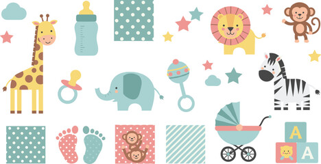 Baby cartoon elements, cute animals, nursery icons, pastel giraffe, elephant, lion, monkey, baby toys, stroller, blocks, footprints, clouds