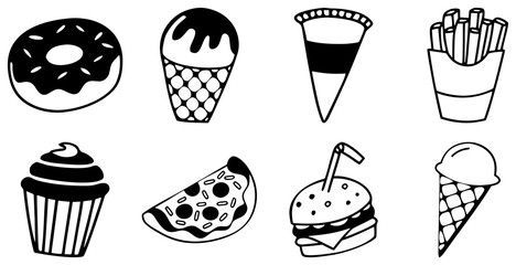 Fast Food & Dessert Doodle Clipart Set | Hand Drawn Burger, Fries, Pizza, Ice Cream, Donut & Cupcake | Cute Black & White Food Line Art for Stickers, Planners, Menus & Digital Designs