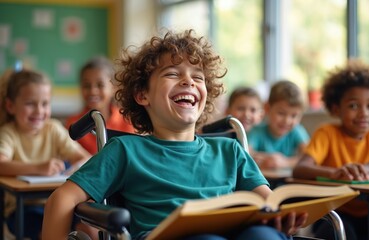 Happy schoolboy sits in wheelchair reading with friends at classroom. Smiling disabled child enjoy books in class. Inclusive education photo about disability awareness and children rights.