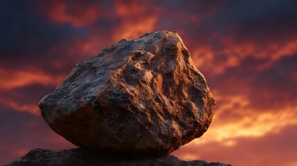 A large textured rock sits prominently against a dramatic fiery sunset sky with dark stormy clouds