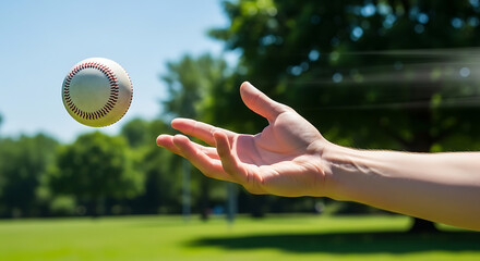 Hand throwing baseball in park on sunny day, showcasing motion and skill, creating sense of recreation and leisure.