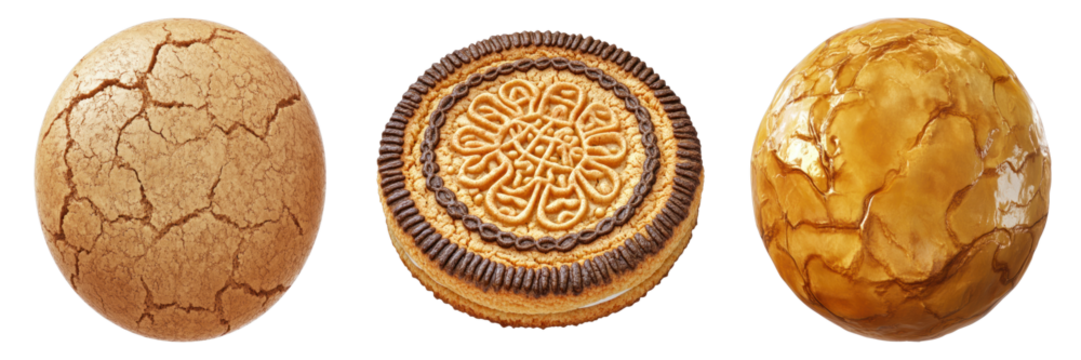 Close-up of three delicious cookies with various textures and intricate details