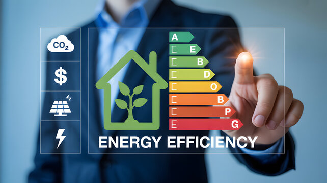 Professional analyzing energy efficiency rating system for sustainable building, saving money, and reducing carbon footprint with innovation.