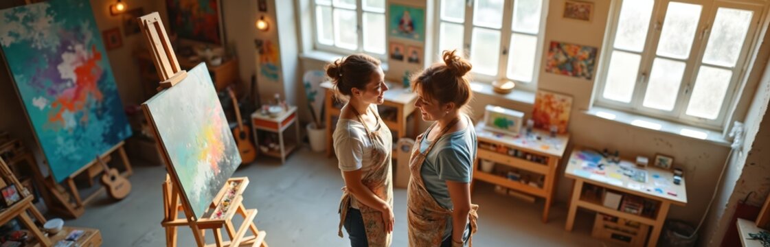 Two women stand in workshop studio with colorful paintings. Female artists smile and communicate. Art collaboration of happy painters in creative space. Easel with canvas stands in bright artist room. - Powered by Adobe
