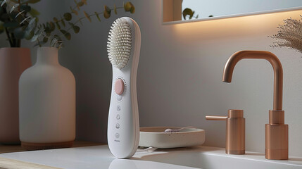 Modern, cordless, white hairbrush in a bathroom setting, with soft lighting and muted tones.
