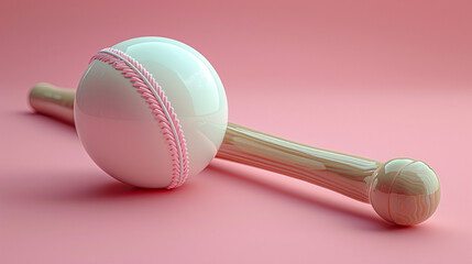 Pink cricket ball and bat on a pink background.
