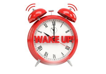 Red alarm clock with wake up text on its face, isolated on transparent background