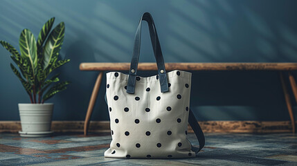 Stylish polka dot tote bag on floor in room with plant and bench.