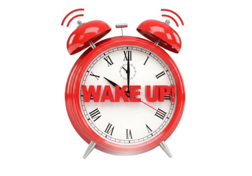 Red alarm clock with wake up text on its face, isolated on transparent background