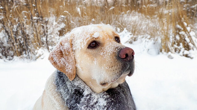 Cute Labrador in the park in winter. A pet.