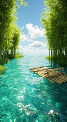 Obraz premium Natural waterway flows between tall green bamboo stalks under a bright blue sky