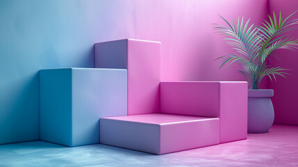 Abstract, vibrant, pastel colored, geometric podiums for product display.