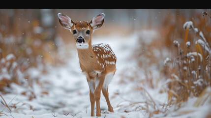 Cute fawn in snowy forest.