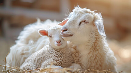 Close-up of a mother sheep and her adorable lamb resting on hay.