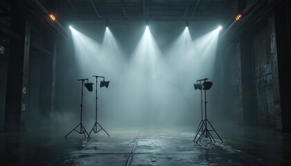 Fototapeta premium Industrial studio with spotlights creating beams through fog. Two tripods with lamps stand on wet floor. Empty dark space ready for show or film.