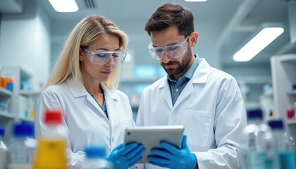 Two scientists work in lab together. Man and woman wear safety glasses and white coats. They hold tablet analyzing test results in laboratory. Team collaborates on medical research using tech.