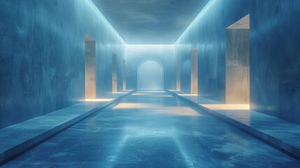 Empty, futuristic, blue corridor with glowing light and arched openings.