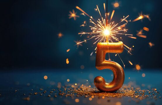 Golden number five with bright sparkler burning on top. Sparks fly around shimmering digit on dark surface. Festive celebration event for fifth anniversary, birthday, milestone party. Festive glow