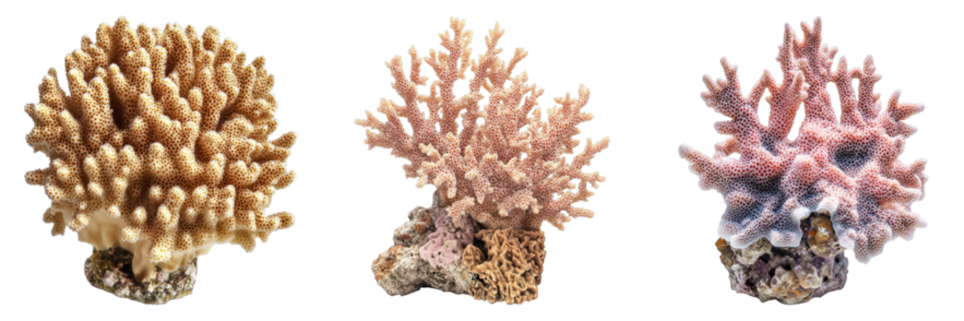 A close-up shot of several coral specimen, showing different shapes and colors