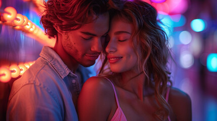Loving couple embrace at night, illuminated by vibrant neon lights.