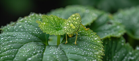 Green insect on a wet leaf.