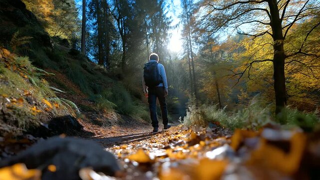 Faceless hiker walking along a forest path covered in fallen leaves, sun filtering through the trees, moment of quiet connection with nature, with copy space