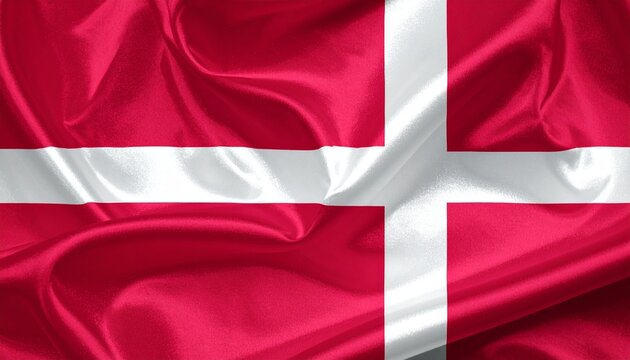 Danish national flag with white Nordic cross on red field and realistic fabric texture.