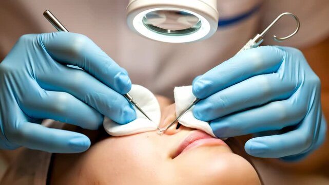Woman receiving professional facial blackhead extraction treatment for acne and oily skin under magnifying lamp footage