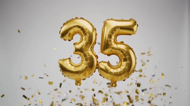 Gold balloon number 35 for birthday or anniversary party. White background with falling confetti