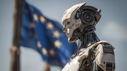 Futuristic humanoid automaton stands before a waving continental flag outdoors