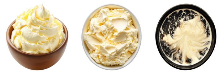 An overhead shot showcases the artful arrangement of different containers filled with whipped cream