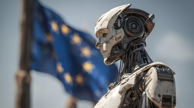 Futuristic humanoid automaton stands before a waving continental flag outdoors
