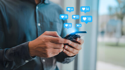 A person holding a smartphone and interacting with social media, receiving numerous like and heart notifications, representing online engagement and digital communication