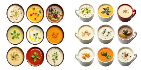A stunning overhead view of an assortment of savory soups in elegant cups, each bowl radiating a distinct flavor profile