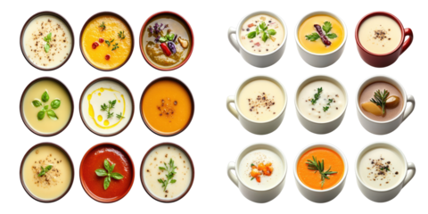A stunning overhead view of an assortment of savory soups in elegant cups, each bowl radiating a distinct flavor profile