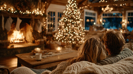 Naklejka premium A festive living room bathed in warm light, with a Christmas tree, presents, and stockings hanging by the fireplace.