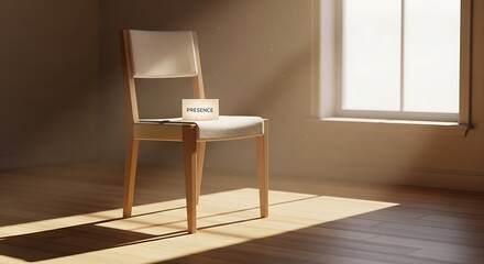Minimalist chair bathed in warm sunlight, featuring a glowing card with the word PRESENCE, evoking calm, reflection, and mindful living in a serene, natural light setting.