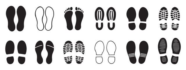 Shoe Print Icon Set in Black Silhouette Vector Design