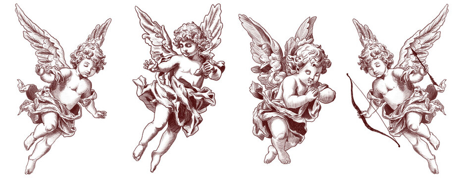 Set Freehand Cupids scribble isolated on white background. Texture of writing materials. Handwritten valentines doodles and pencil strokes. Hand drawn cupidon. Line art, vintage engraving	
