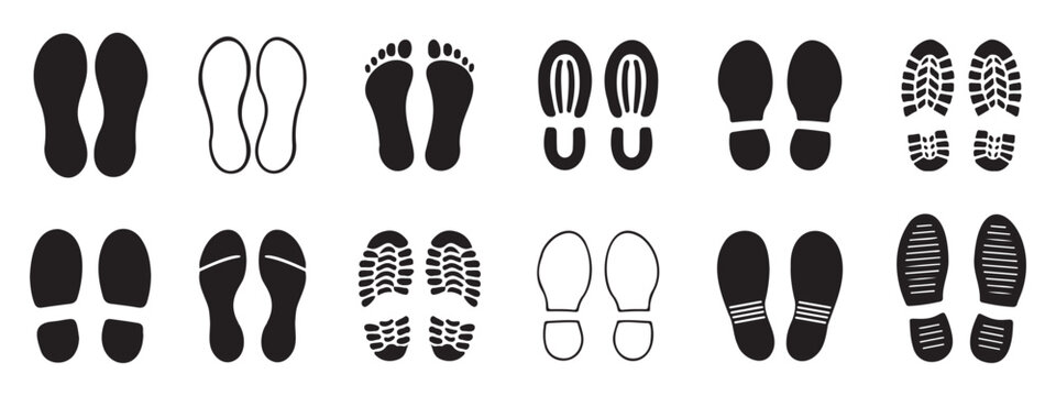 Shoe Print Icon Set in Black Silhouette Vector Design