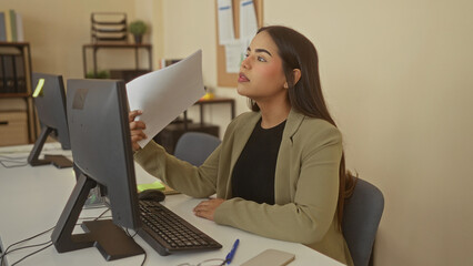 Woman working at desk in office using computer with focus on documents in indoor setting with professional attire and modern workspace environment.