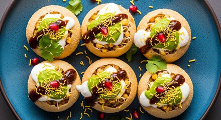 Delicious pani puri arranged on blue plate, garnished with yogurt, chutney, and pomegranate seeds, showcasing vibrant colors and textures in closeup shot.