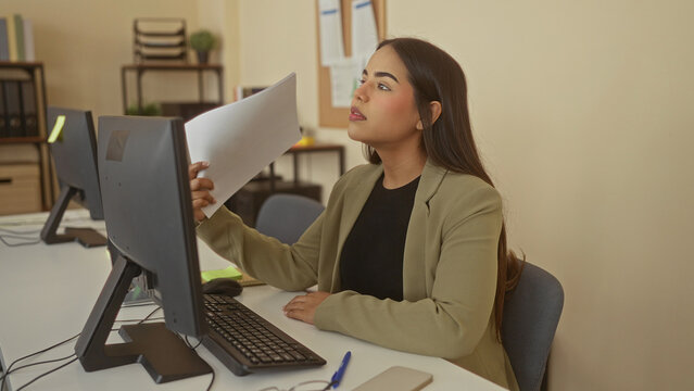 Woman working at desk in office using computer with focus on documents in indoor setting with professional attire and modern workspace environment. - Powered by Adobe