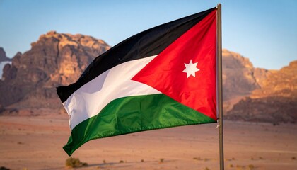 Jordanian national flag waving in desert landscape with red chevron and seven-pointed star.