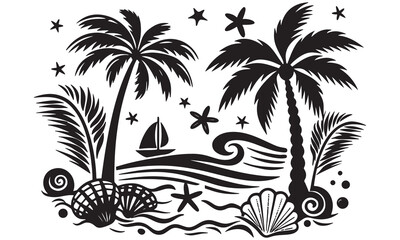  Tropical Beach Vector Silhouettes – Palm Tree and Ocean Clipart