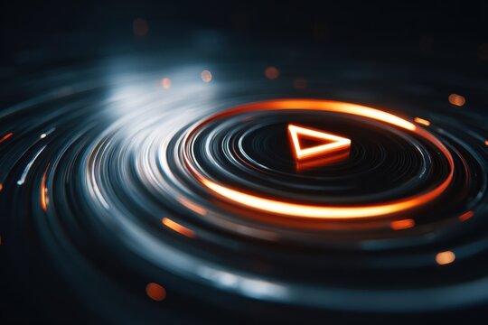 Stylish abstract background with concentric waves in dark metallic tones featuring a vibrant orange play button symbol, exuding modern digital aesthetics and dynamic energy