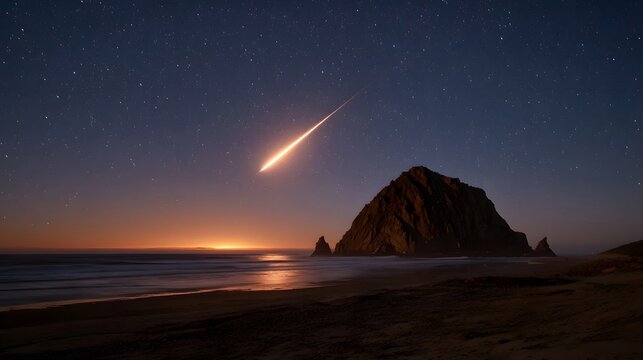 A brilliant meteor streaks across a starry twilight sky above a rocky coast and ocean with distant lights - Powered by Adobe