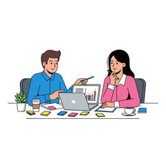 Dynamic illustration depicting two business professionals engaged in a collaborative meeting, analyzing financial data on a laptop, and brainstorming new strategies for project growth and success